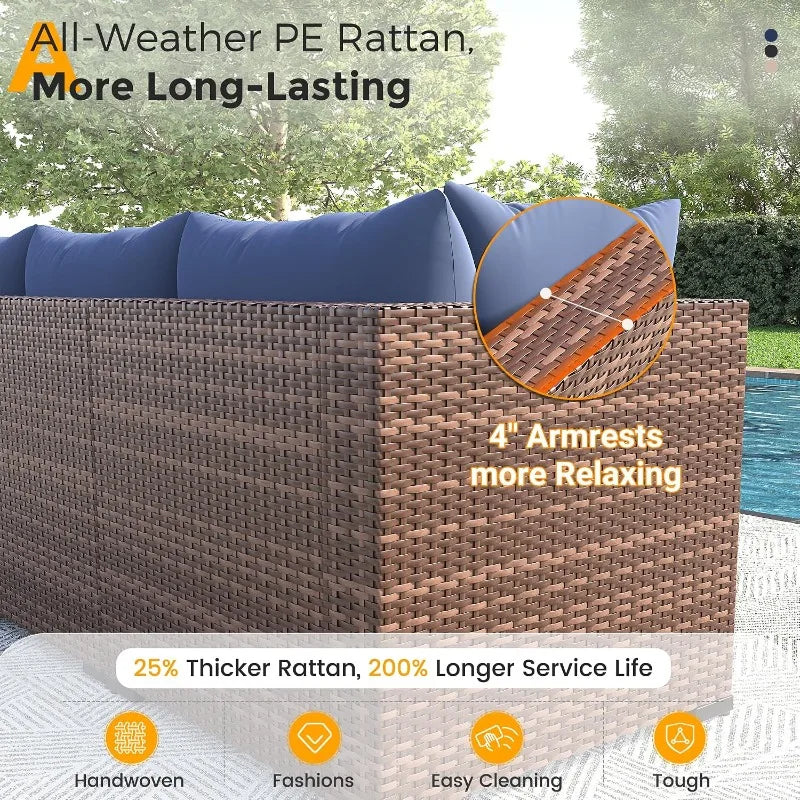 UDPATIO Outdoor Furniture 8-Piece Wicker Patio Set with 44" Fire Pit Table | All-weather Modular Sectional Sofa w/ Coffee Table