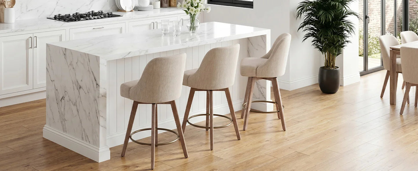 Bekrvio Counter Height Bar Stools Set of 3, Modern Mid-Century Swivel Barstools with Backs and Wood Legs, Linen Fabric