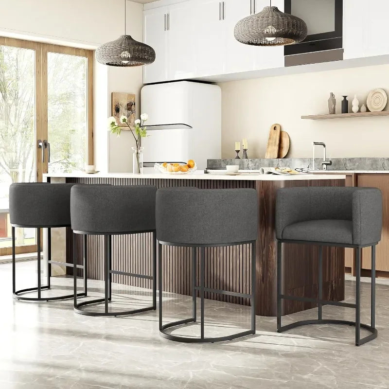 26" H Counter Height Bar Stools Modern Barrel Counter Stools with Backrest and Arms, Linen Fabric Upholstered Accent Barstools