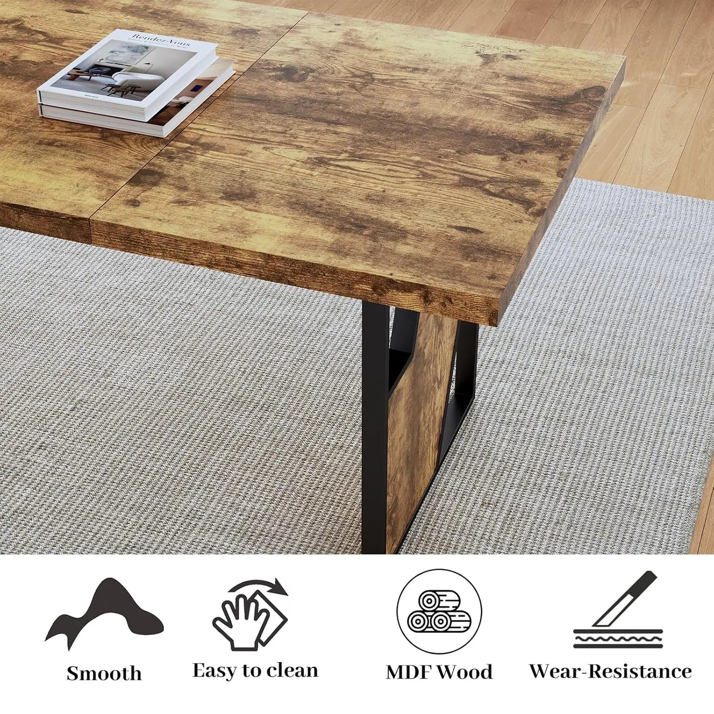 70.8" Wooden Dining Table with 2 Benches, Modern Set for 4-6 Person, Thickened  Table with Bench for Dining Room, Kitchen