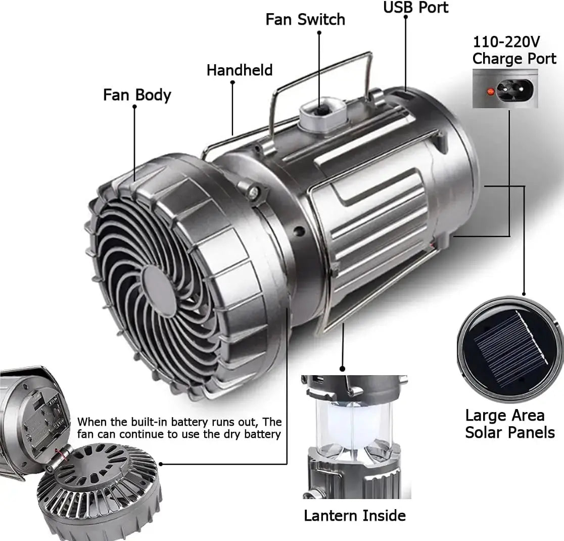 Solar Camping Lantern with Fan Rechargeable Camping Fans Charging Light for Hurricane Power Outage Tent Emergency Camping Gear WardBoyzPROShop