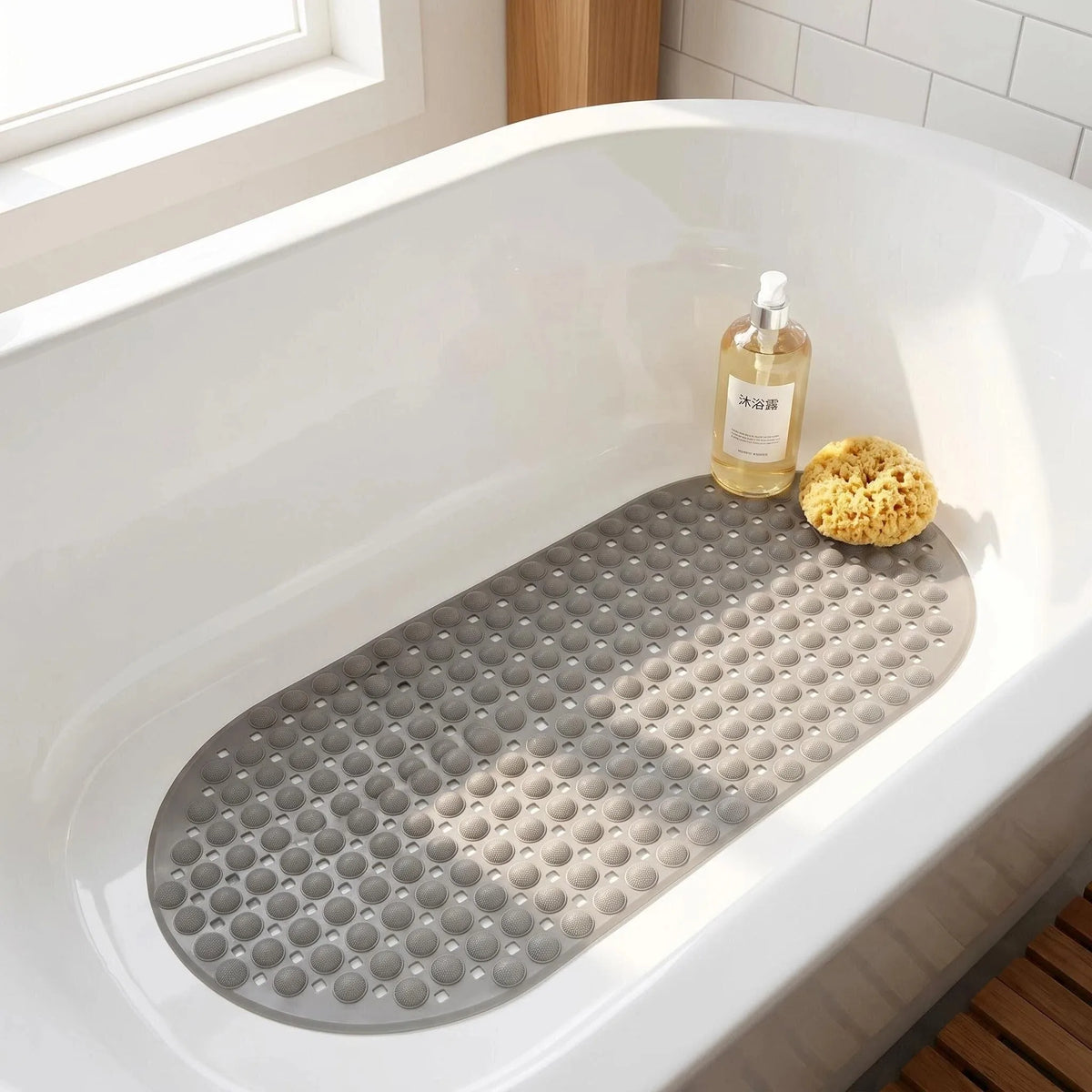 35x66cm Oval Bath Mat Non-Slip Diagonal Texture Shower Rug with Suction Cups Water Resistant Easy Clean Anti-Slip Bathroom Mat