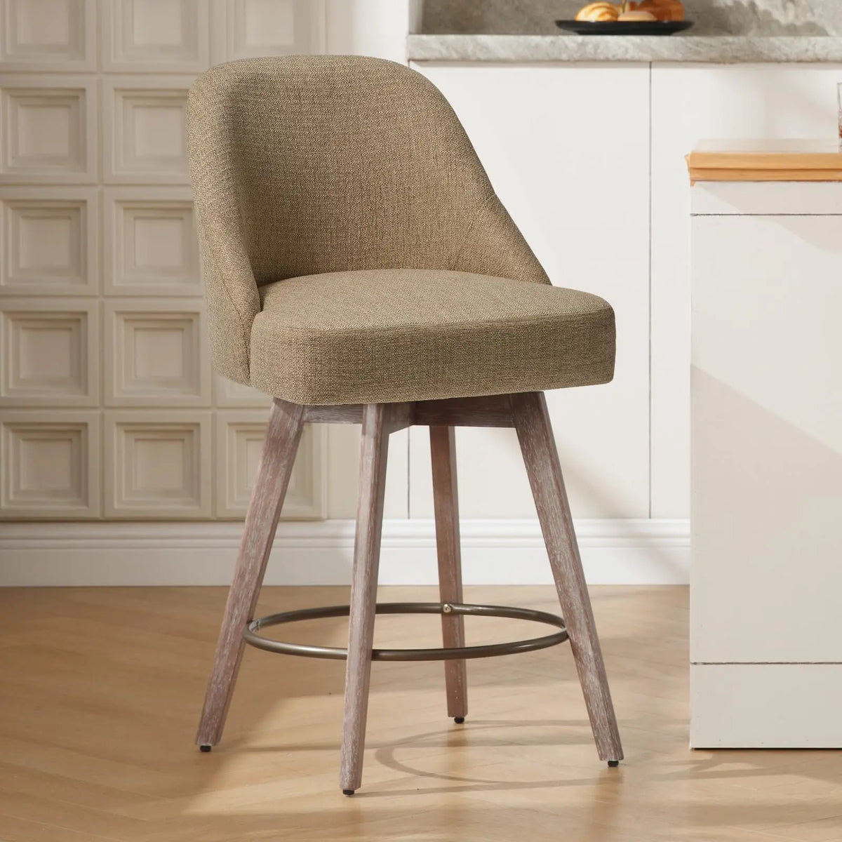 Bekrvio Counter Height Bar Stools Set of 3, Modern Mid-Century Swivel Barstools with Backs and Wood Legs, Linen Fabric