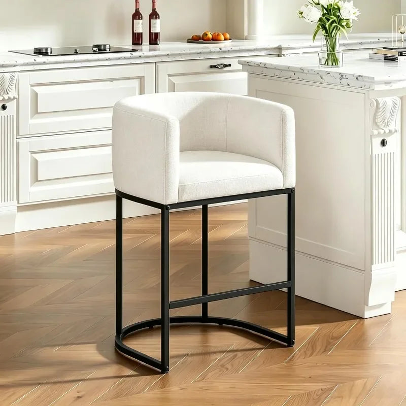 26" H Counter Height Bar Stools Modern Barrel Counter Stools with Backrest and Arms, Linen Fabric Upholstered Accent Barstools