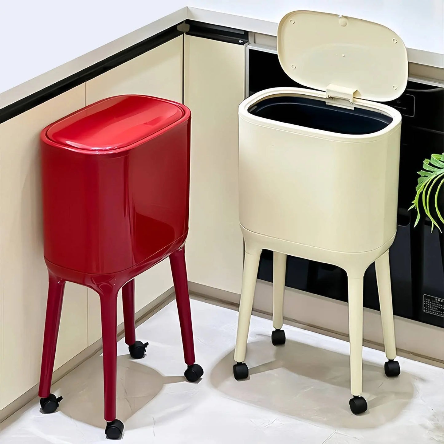 Tall Trash Can with Legs No-Bend Design Elevated Garbage Can on Wheels Rolling Waste Bin with Lid Large Capacity for Living Room