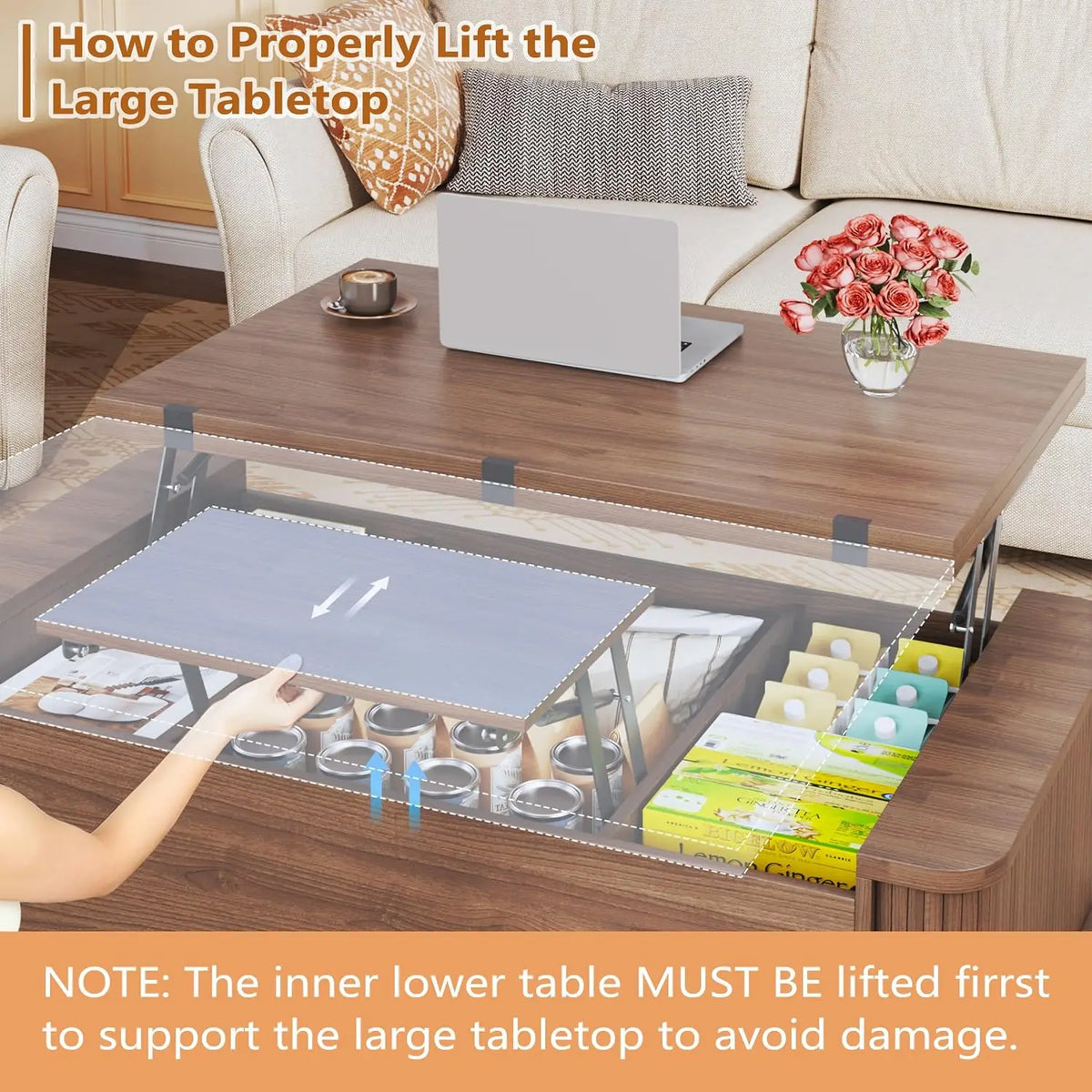 Lift Top Coffee Table, 40" Square with 3 Hidden Compartments, Table Converts to Dining Table for  Home , , Customized