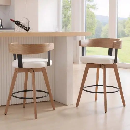 Swivel Bar Stools Set of 2, 26" Counter Height Bar Stool with Footrest Modern Wood Barstools with Linen Upholstered