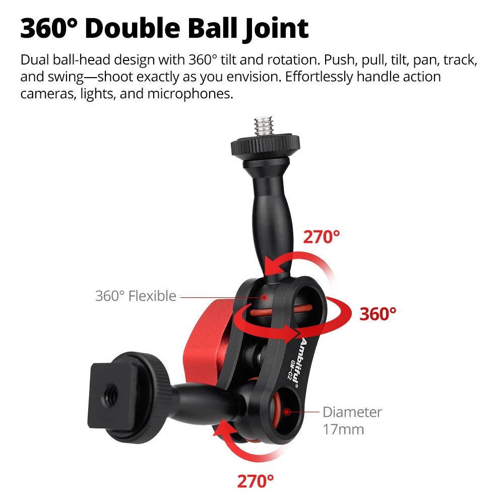 AMBITFUL 360° Double Ballhead Magic Arm With Super Clamp Kit 1/4" Screw Ball Head Adapter For Monitor LED Light Camera