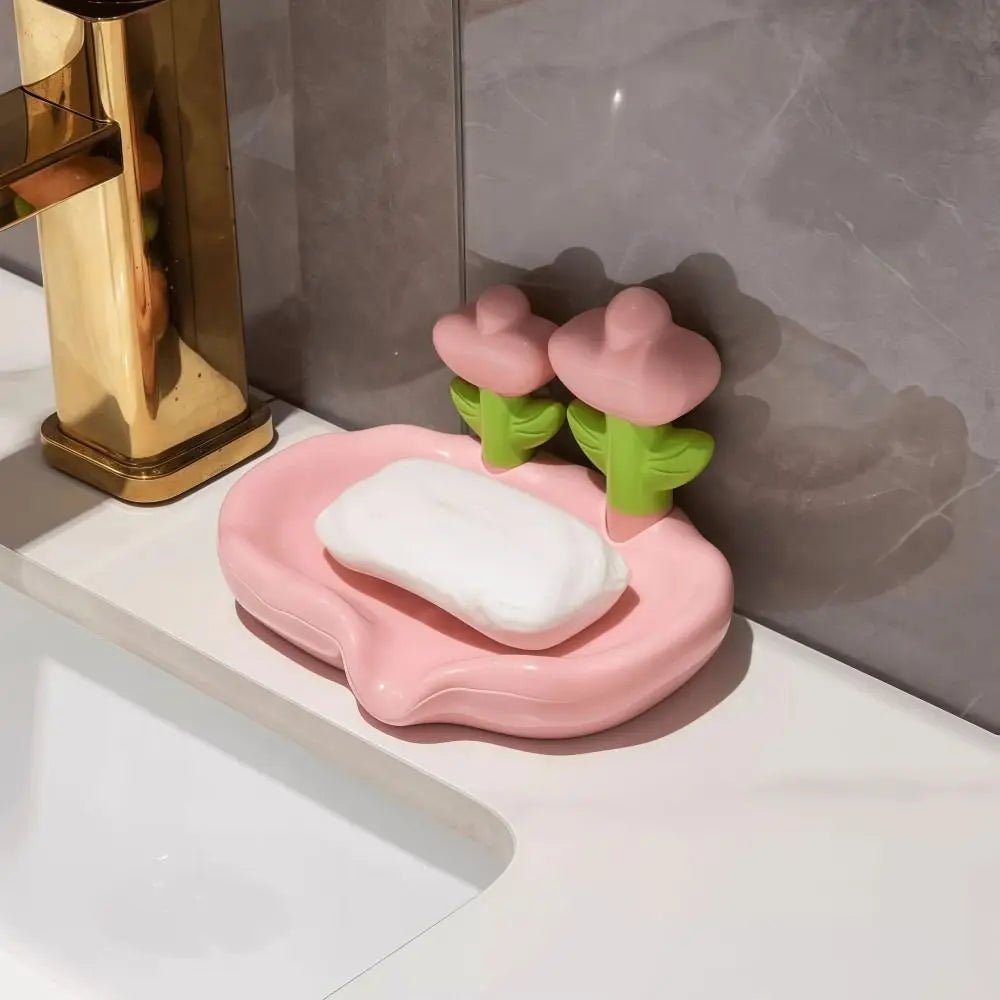 Tulip Design Drain Soap Dish No Drilling Required with Drainage Trough Soap Tray Solid Color Anti-slip Soap Storage Rack