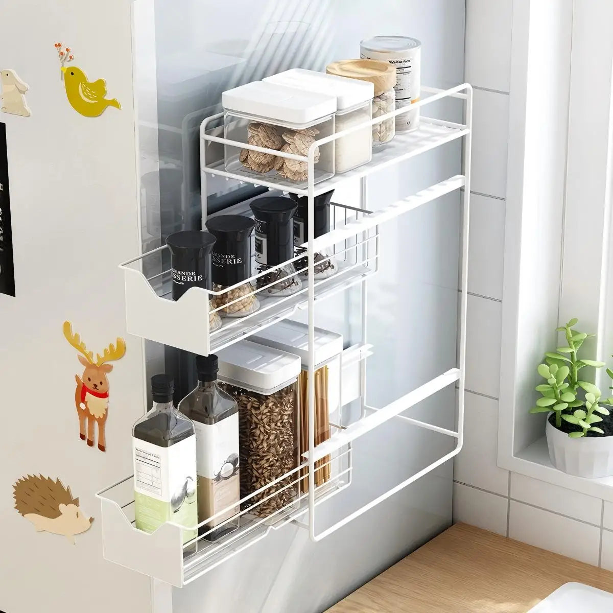 Metal magnetic refrigerator storage rack multi-layer freezer slot Storage Holders kitchen pull-out drawer Basket Organization