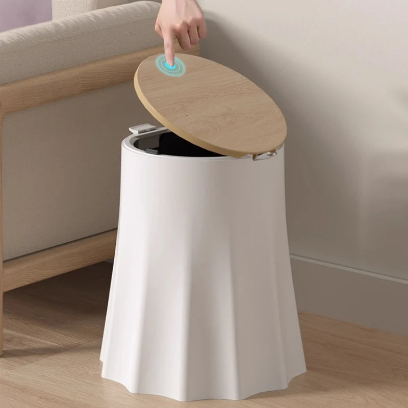 Stylish Minimalist Home Trash Can with Lid Top-Wide Bottom-Narrow Design Multi-Use Sit-On Wastebasket Garbage Bin