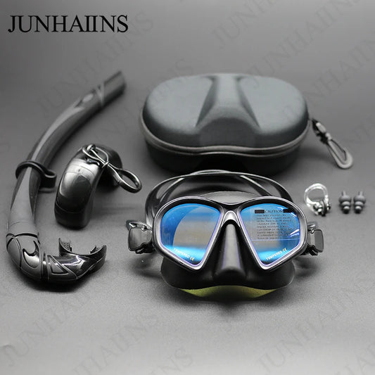 JUNHAIINS Tempered Glass Freediving Mask Snorkeling Set Foldable snorkel J-type Diving Mask with Camera Mount - WardBoyzPROShop