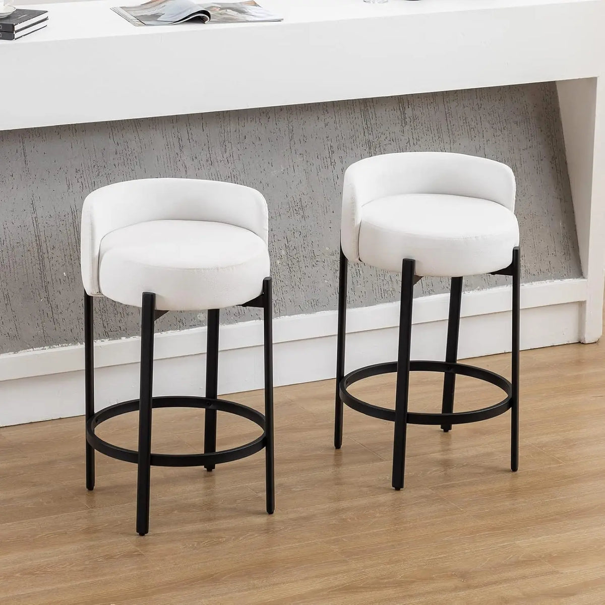 Counter Height Bar Stools 26" Round Barstools Set of 2, Modern Faux Leather Counter Stools with Black Metal Legs, Customized