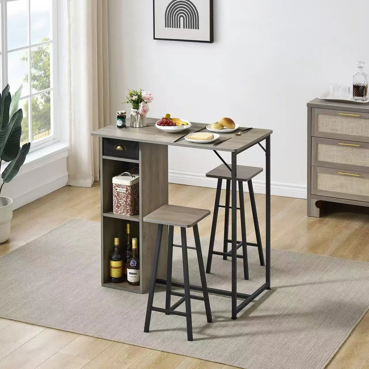 Versatile 3 Piece Dining Table Set with Storage Drawer & 3-Tier Shelf,Counter Height Table and 2 Barstools,Space-Saving
