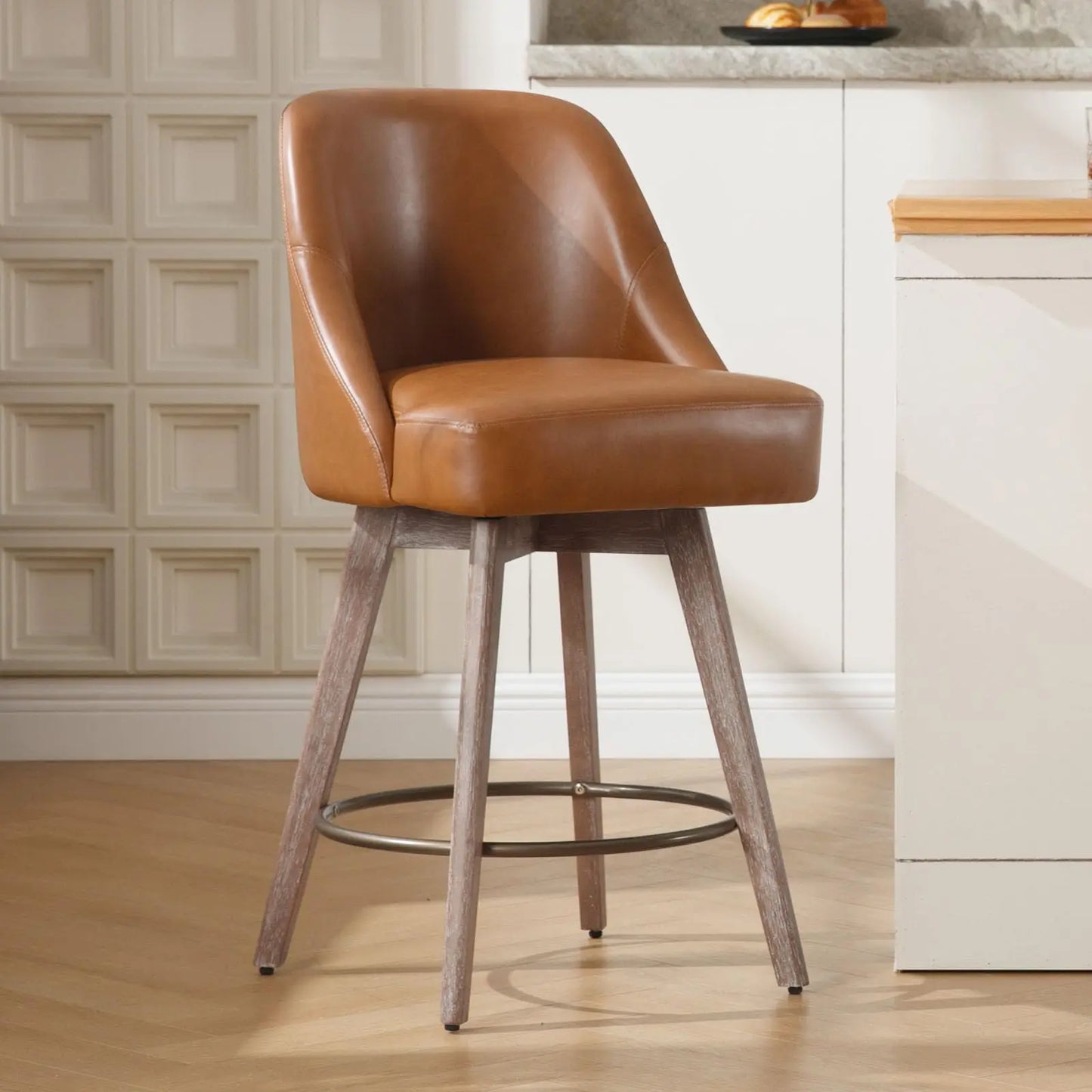 Bekrvio Counter Height Bar Stools Set of 3, Modern Mid-Century Swivel Barstools with Backs and Wood Legs, Linen Fabric