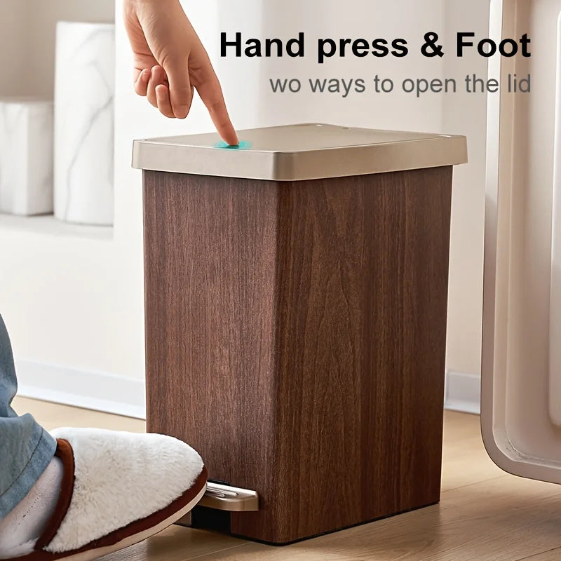 Large Capacity Trash Can，Elegant Wood Grain Design。Durable Plastic，Mute off，Save Space。Suitable for Kitchen、Bathroom、Office、Bedr