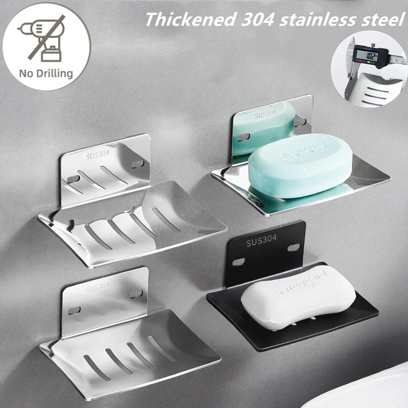 Stainless Steel Soap Holder Bathroom Soap Dish With Drain Water No Drilling Wall Mounted Soap Box Bathroom Accessories