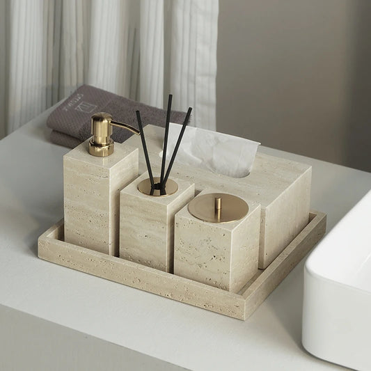 Travertine Bathroom Accessories Set Luxury Soap Dish Soap Dispenser Reed Diffuser Tissue Box Tray Bathroom Set