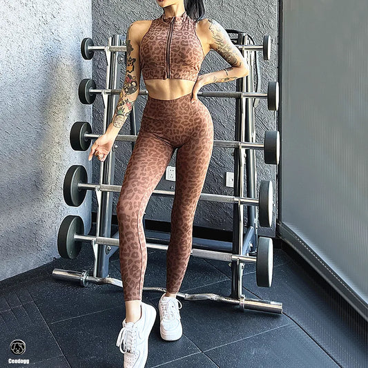 2023 Zipper Leopard Print Sport Gym Yoga Sets Women Sport Bdra Scrunch Pants Fitness Leggings Suits Workout Clothes for Women