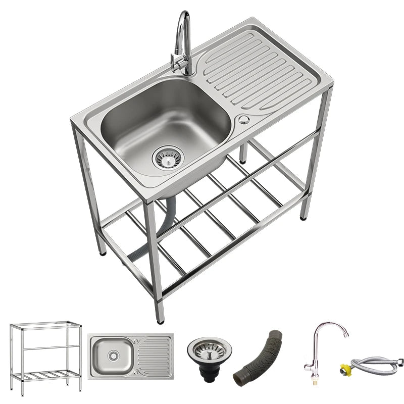 Utility Sink Set Freestanding Single Bowl Laundry Sink Commercial Restaurant Kitchen Outdoor Sink with Workbench Faucet Storage