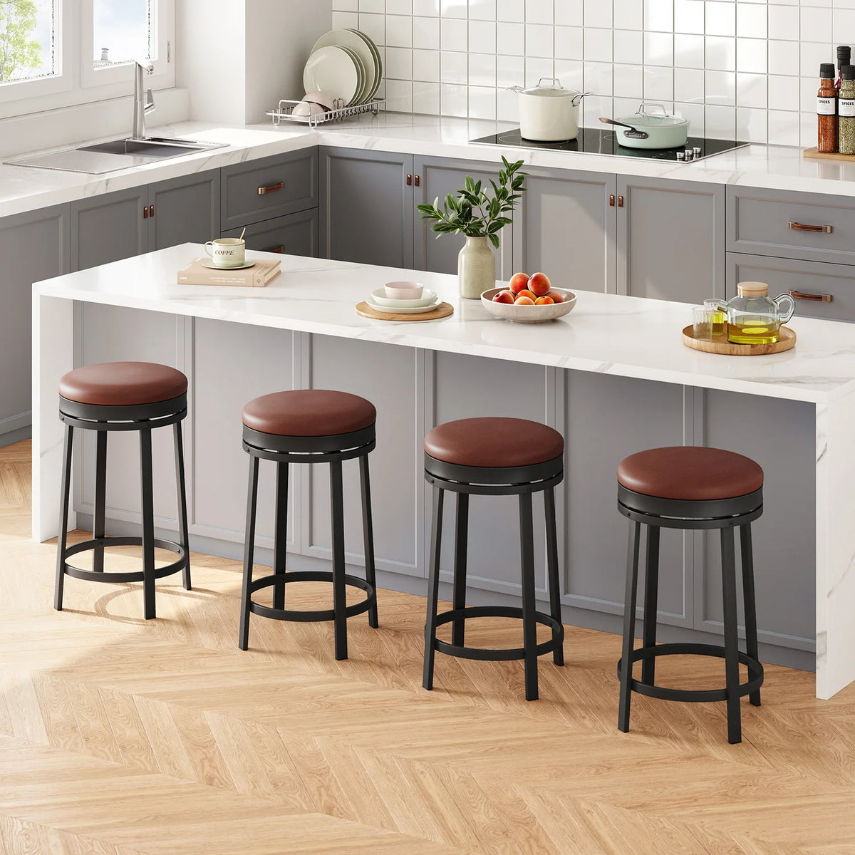 24'' Swivel Bar Stools Backless Modern Counter Height Barstools with PU Leather Upholstered and Metal Frame for Kitchen Island