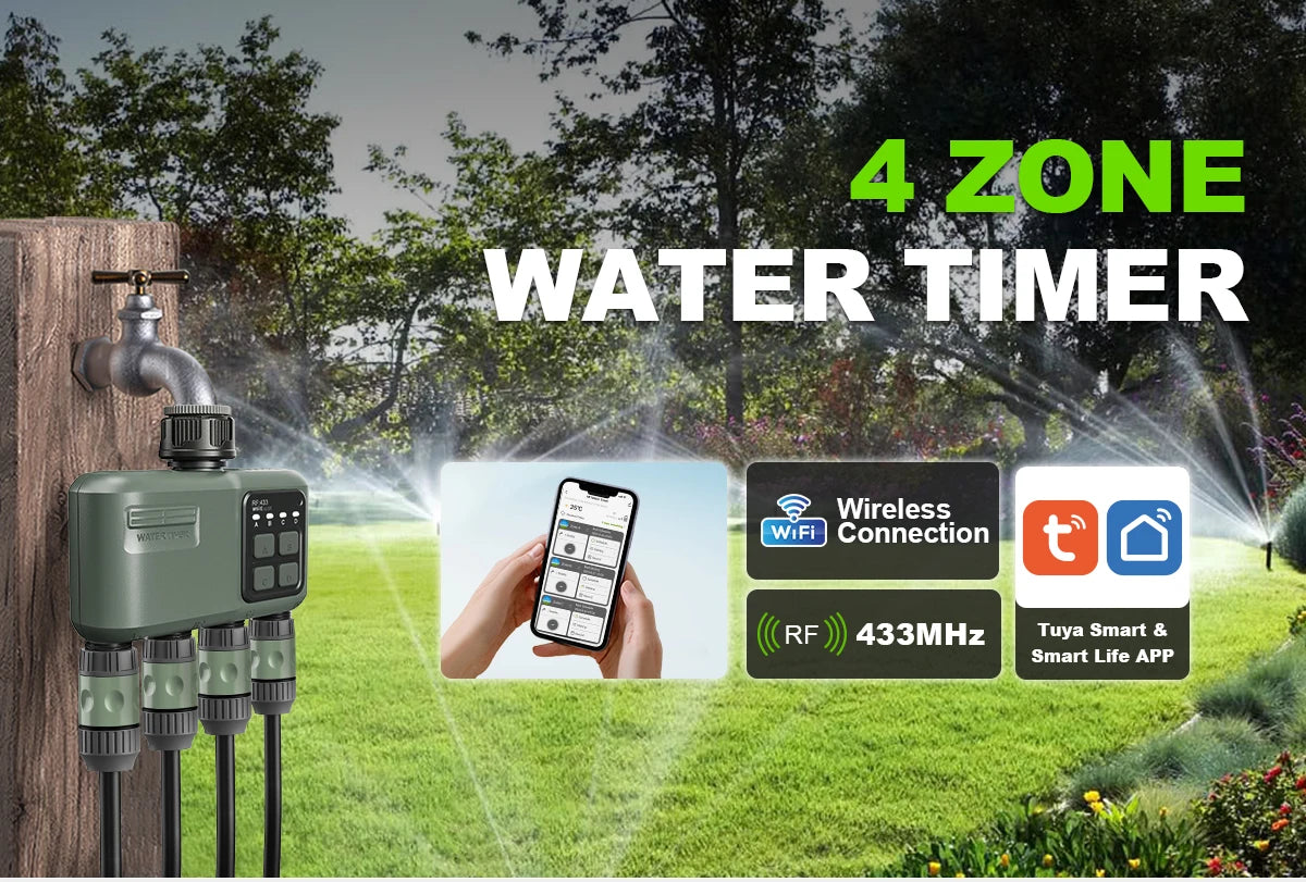 4 Outlet Programmable Water Timer for Garden Hose, with Rain Delay/Automatic Watering System, Digital Irrigation for Yard, Lawn