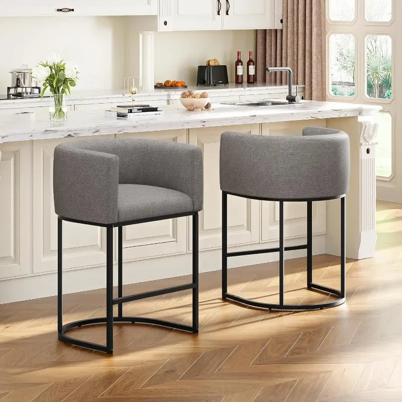 26" H Counter Height Bar Stools Modern Barrel Counter Stools with Backrest and Arms, Linen Fabric Upholstered Accent Barstools