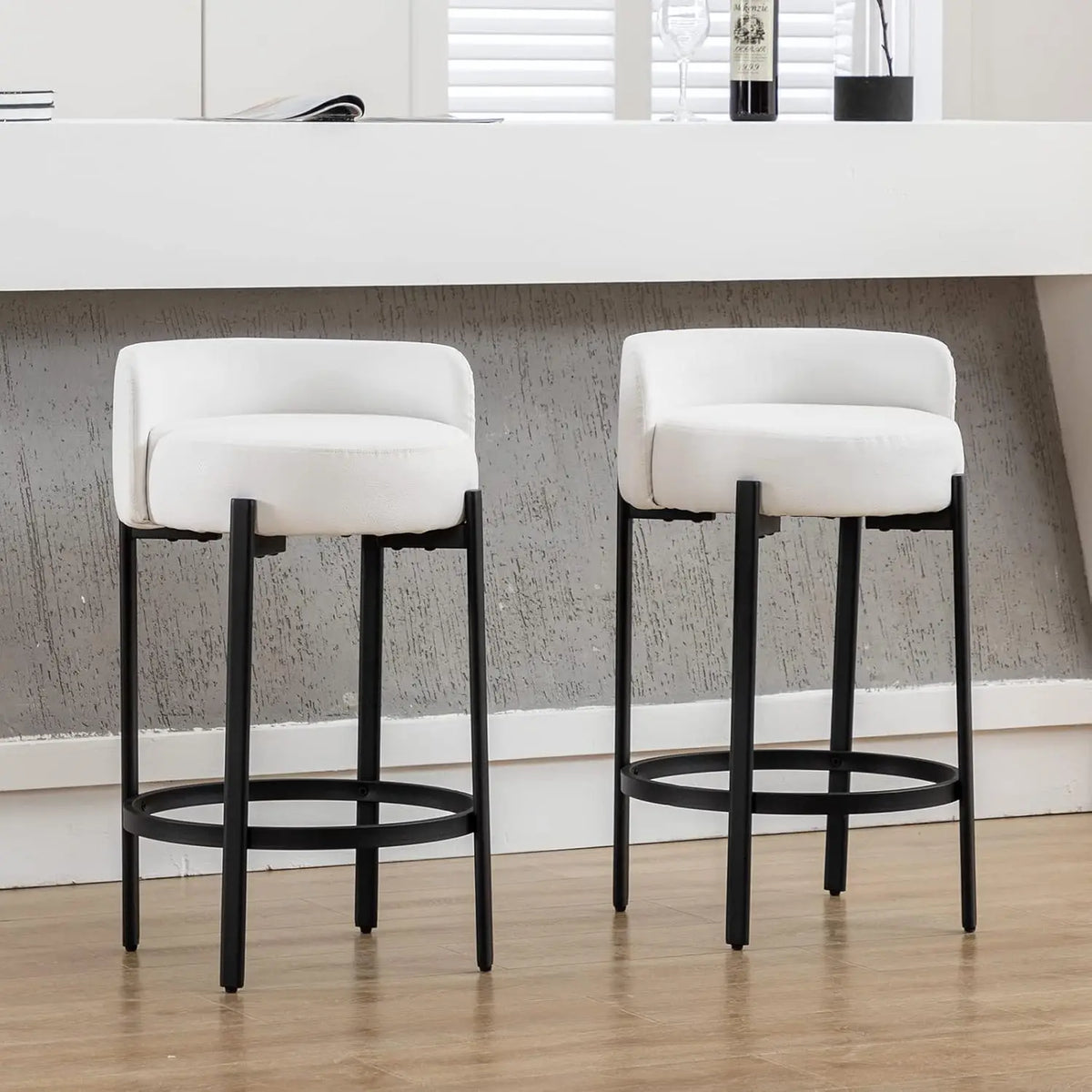 Counter Height Bar Stools 26" Round Barstools Set of 2, Modern Faux Leather Counter Stools with Black Metal Legs, Customized