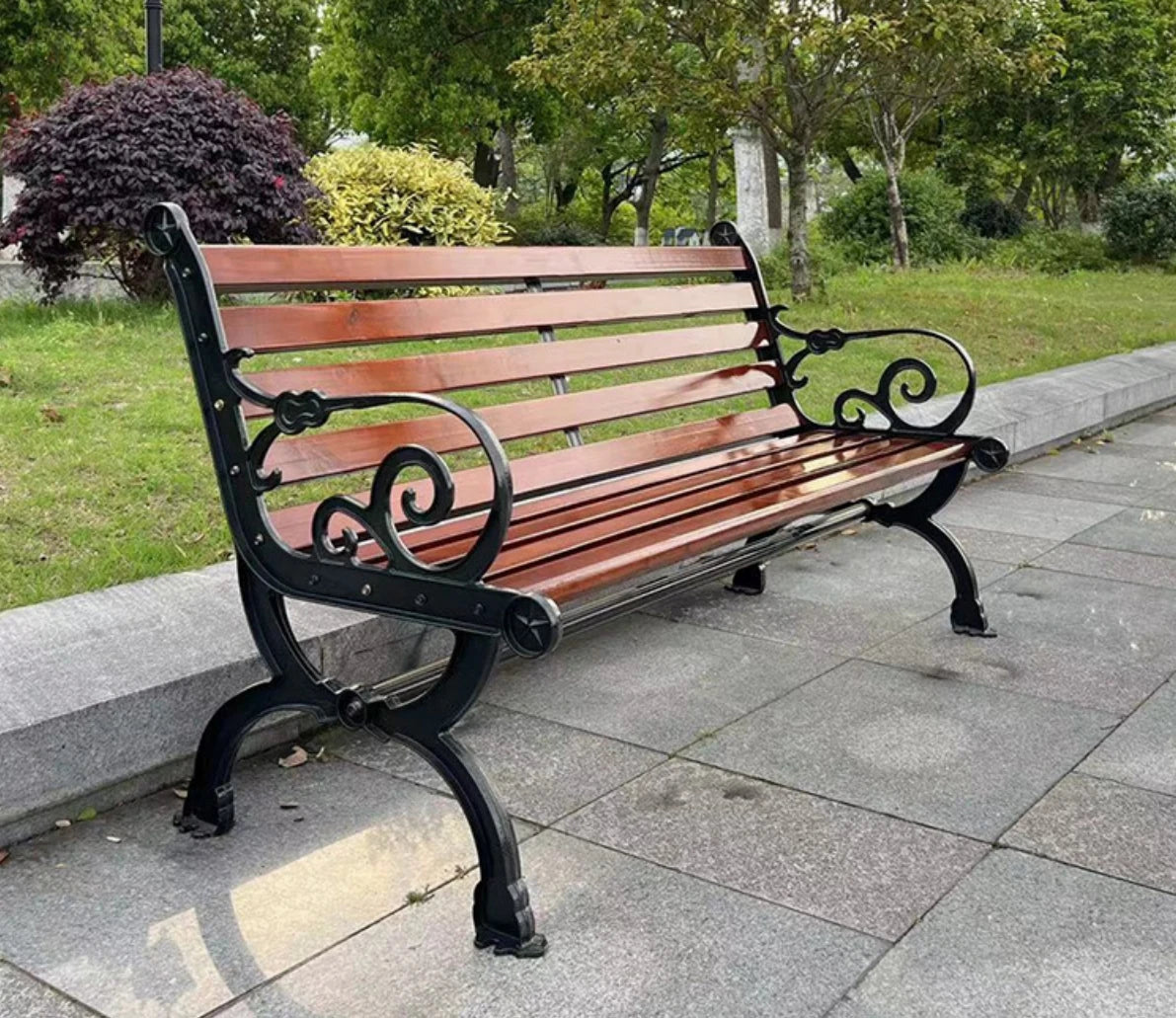 Classic Outdoor Wooden Bench with Durable Cast Iron Frame Weatherproof Garden Park Public Seating for Patio Lawn Landscape Decor