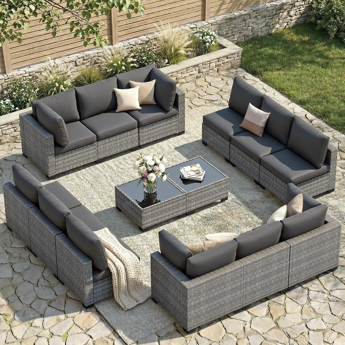 7-Piece Outdoor Wicker Sectional Sofa Set, Patio Garden Furniture, PE Rattan, Customized