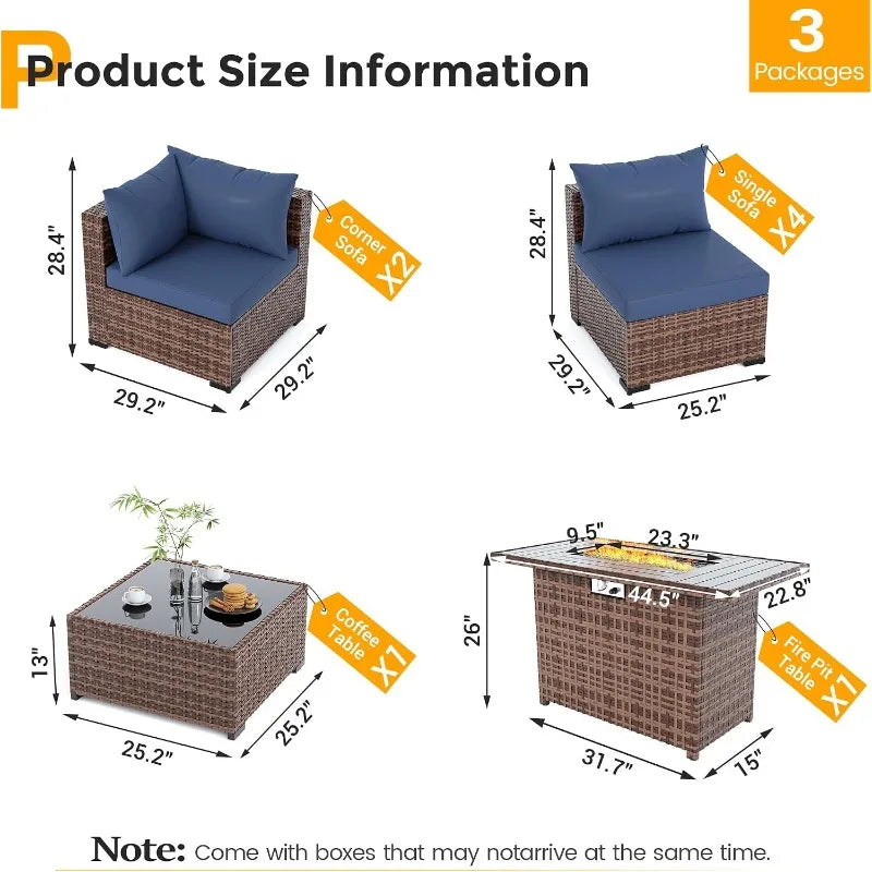 UDPATIO Outdoor Furniture 8-Piece Wicker Patio Set with 44" Fire Pit Table | All-weather Modular Sectional Sofa w/ Coffee Table