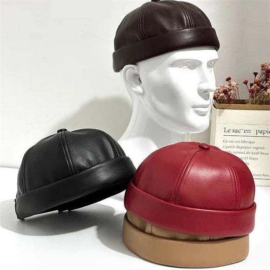 Retro Solid Color Brimless Hat Spring Summer Fashion Casual PU Leather Melon Caps Docker Cap Men Women Adjustable Hip Hop Hats WardBoyzPROShop