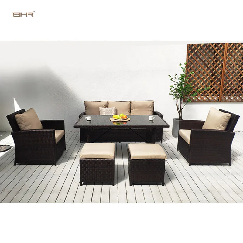 BHR High Back Comfortable Garden Sofa All Weather Garden Furniture Outdoor Rattan Dining Furniture Set Rattan Sofa for Backyard