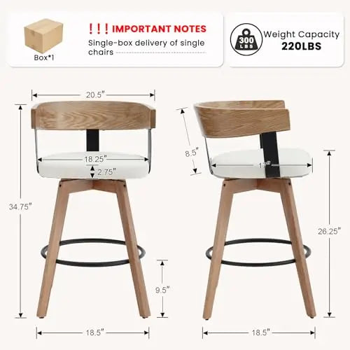 Swivel Bar Stools Set of 2, 26" Counter Height Bar Stool with Footrest Modern Wood Barstools with Linen Upholstered