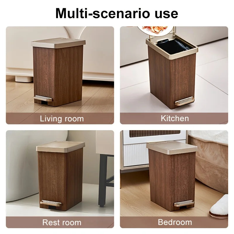 Large Capacity Trash Can，Elegant Wood Grain Design。Durable Plastic，Mute off，Save Space。Suitable for Kitchen、Bathroom、Office、Bedr