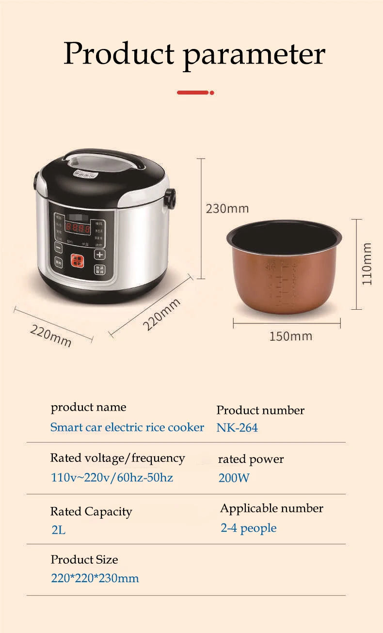 Portable Car Rice Cooker 2L Electric Truck Multi-Cooker Soup Porridge Cooking Food Steamer Electric Lunch Box 12V or 24V