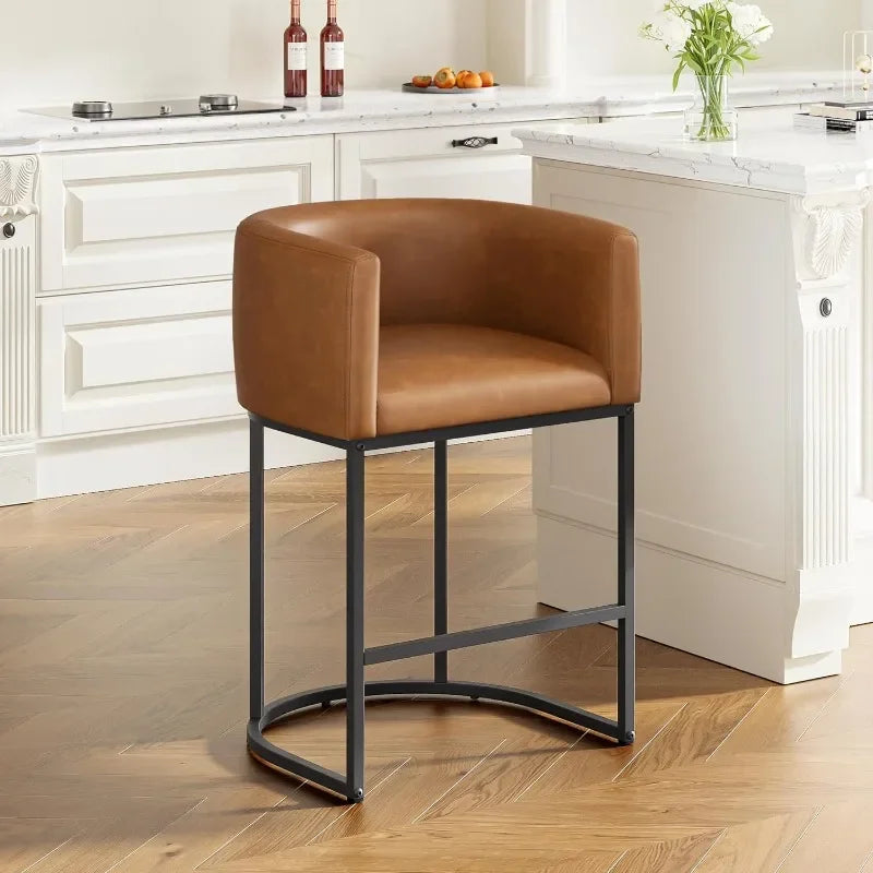 26" H Counter Height Bar Stools Modern Barrel Counter Stools with Backrest and Arms, Linen Fabric Upholstered Accent Barstools