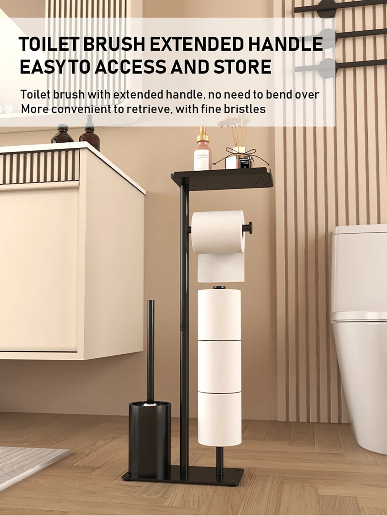Floor-standing Tissue Holder Vertical Movable Toilet Paper Storage Rack Nail-Free Toilet Brush Holder Roll Paper Holder Bathroom