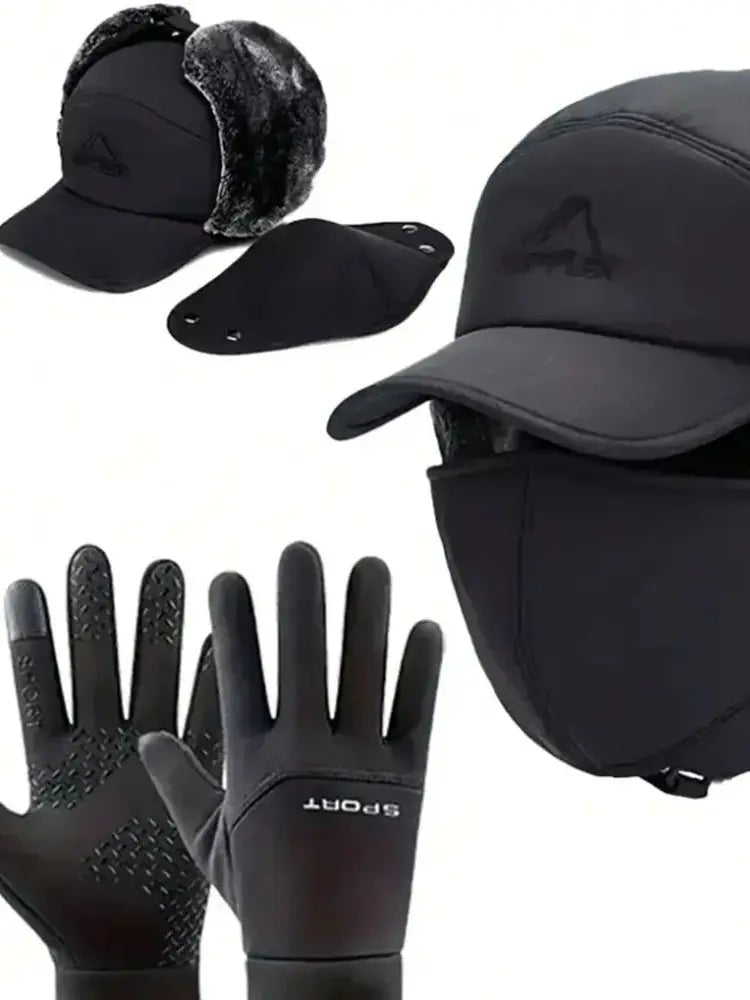 4Pcs Warm Thickened Cold-Proof Hat Winter Outdoor Cycling Warm Non-Slip Gloves Ski Windproof Face Mask Warm Four-Piece Set S003750