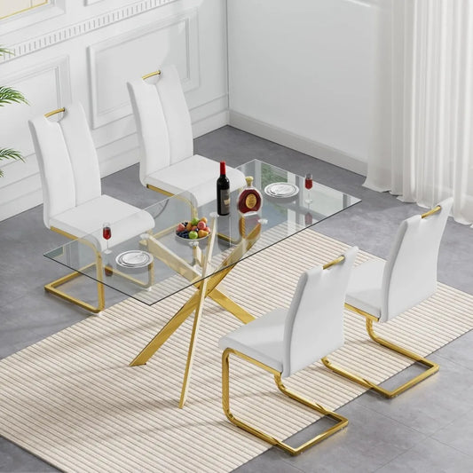 Modern Glass Dining Table for 4 with Gold Nest-Shape Metal Base Kitchen Table for Dining Room Home