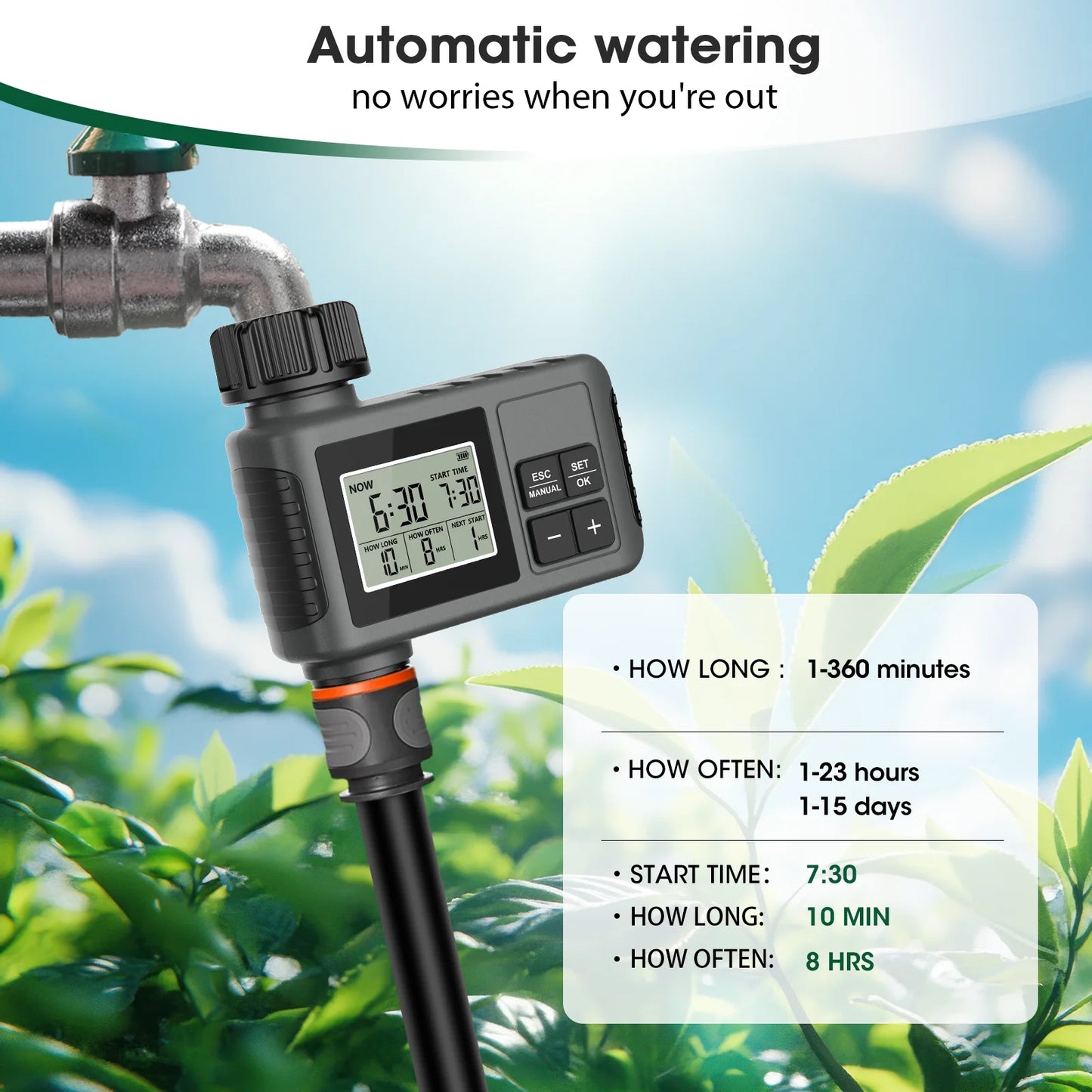 Automatic Garden Water Timer Automatic Irrigation Controller with Large LCD Display, Rain Delay, for Lawn, Yard