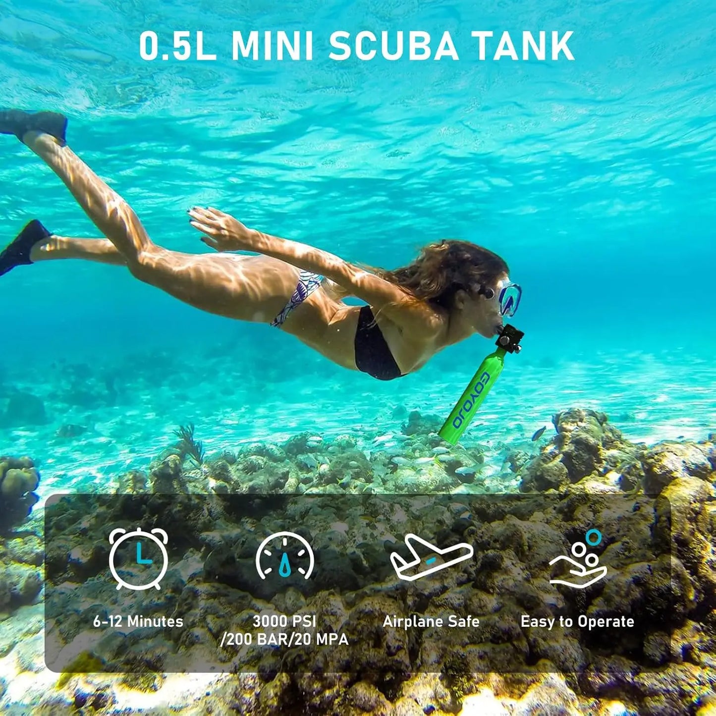 GOYOJO Mini Scuba Tank 0.5L Reusable Portable Diving Tank & Emergency Pony Bottle Air Suitable for Freediving, Snorkeling