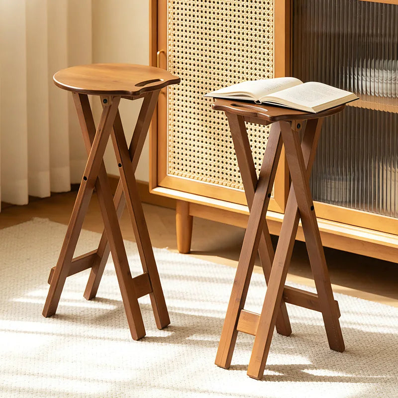 Retro style bamboo folding stool, household foldable round stool, foldable high stool, bar stool, restaurant dining stool