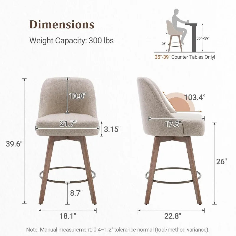 Bekrvio Counter Height Bar Stools Set of 3, Modern Mid-Century Swivel Barstools with Backs and Wood Legs, Linen Fabric