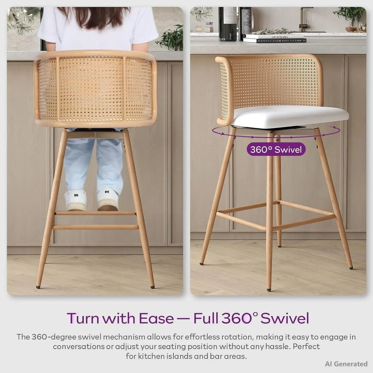 26" Swivel Rattan Bar Stools Set of 4, Counter Height Barstools, White |, Farmhouse, Mid-Century Modern, Natural, Rattan Woven