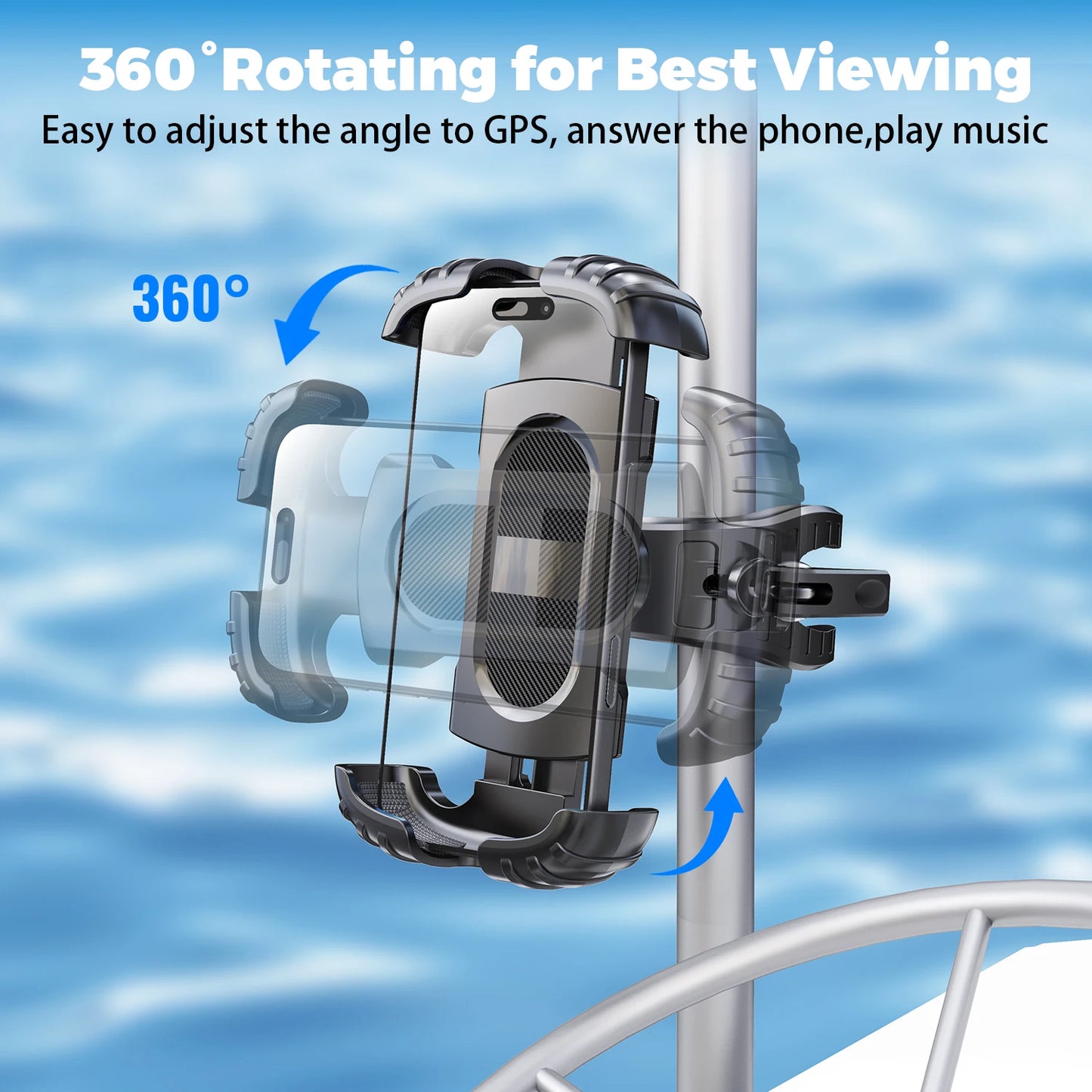 LRBH Marine Phone Mount, Crocodile Clip Arm Boat Holder, Quick Lock 360° Rotation, Shockproof Scratch-Free, Fits 4.7-7.2" Phones