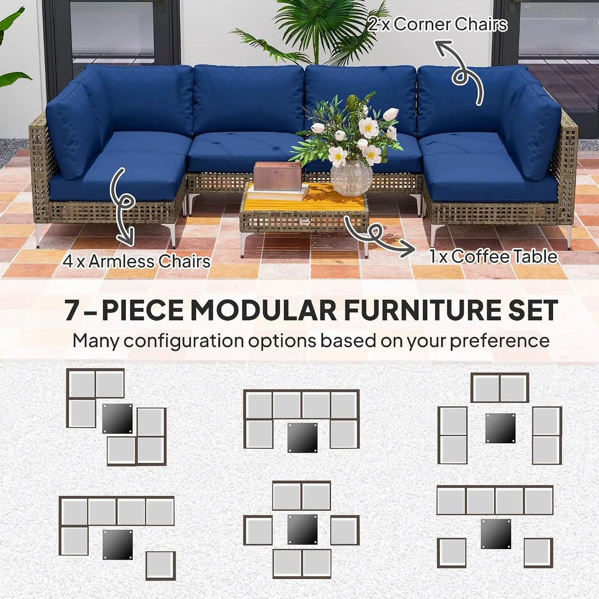 7 Piece Wicker Patio Furniture Set Modular Rattan Brown/Dark Blue | Outdoor Sectional, Thickened Cushions, Outdoor, Custom
