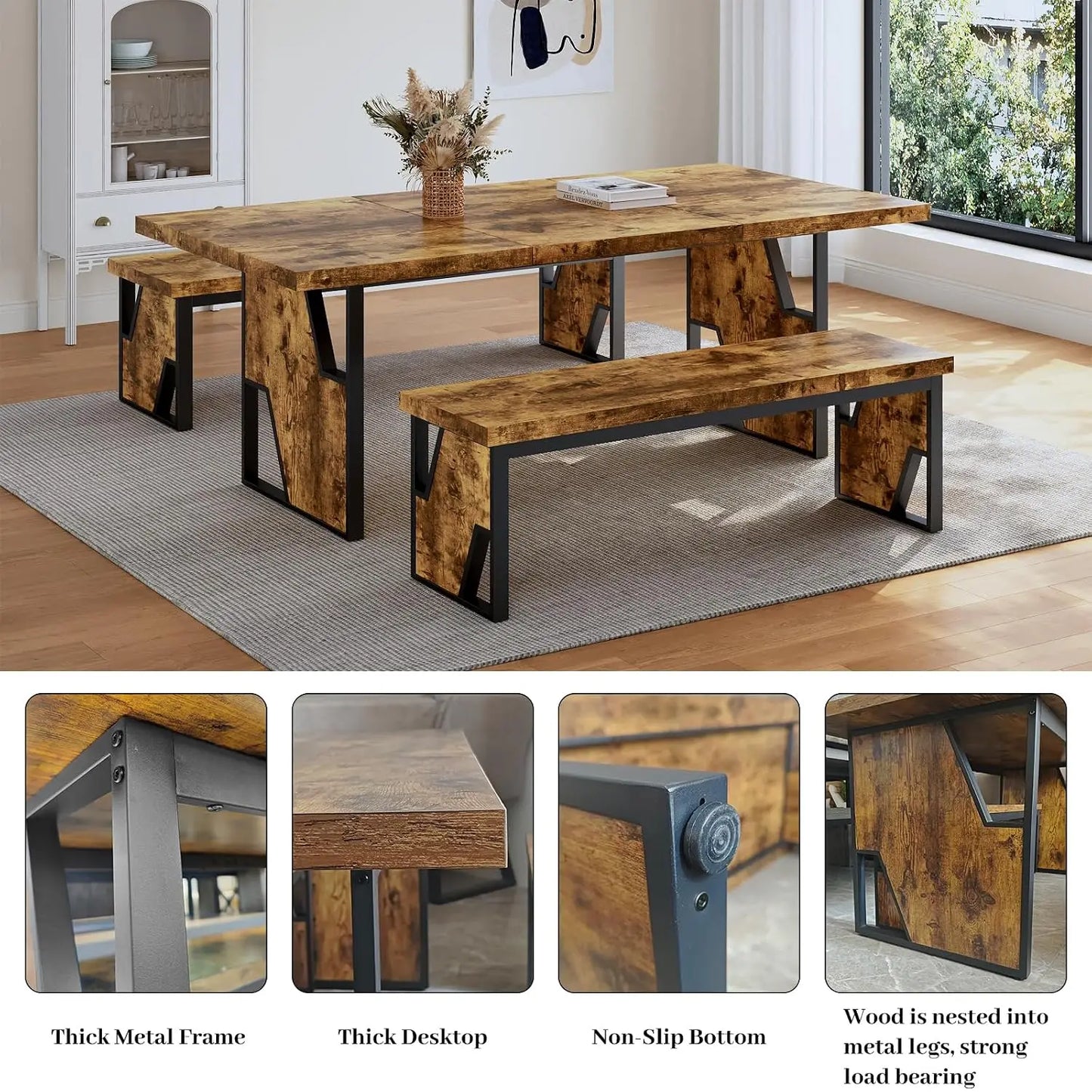 70.8" Wooden Dining Table with 2 Benches, Modern Set for 4-6 Person, Thickened  Table with Bench for Dining Room, Kitchen