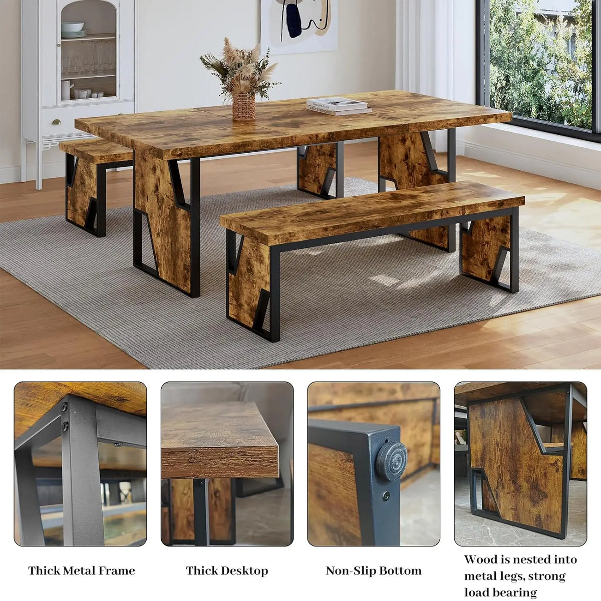 70.8" Wooden Dining Table with 2 Benches, Modern Set for 4-6 Person, Thickened  Table with Bench for Dining Room, Kitchen