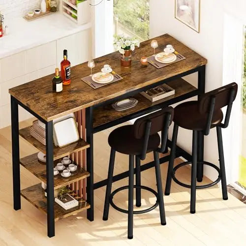 3 Piece Bar Dining Table Set, Modern Bar Table and Stools for 2, Kitchen Counter Height Dining Table Set with 4